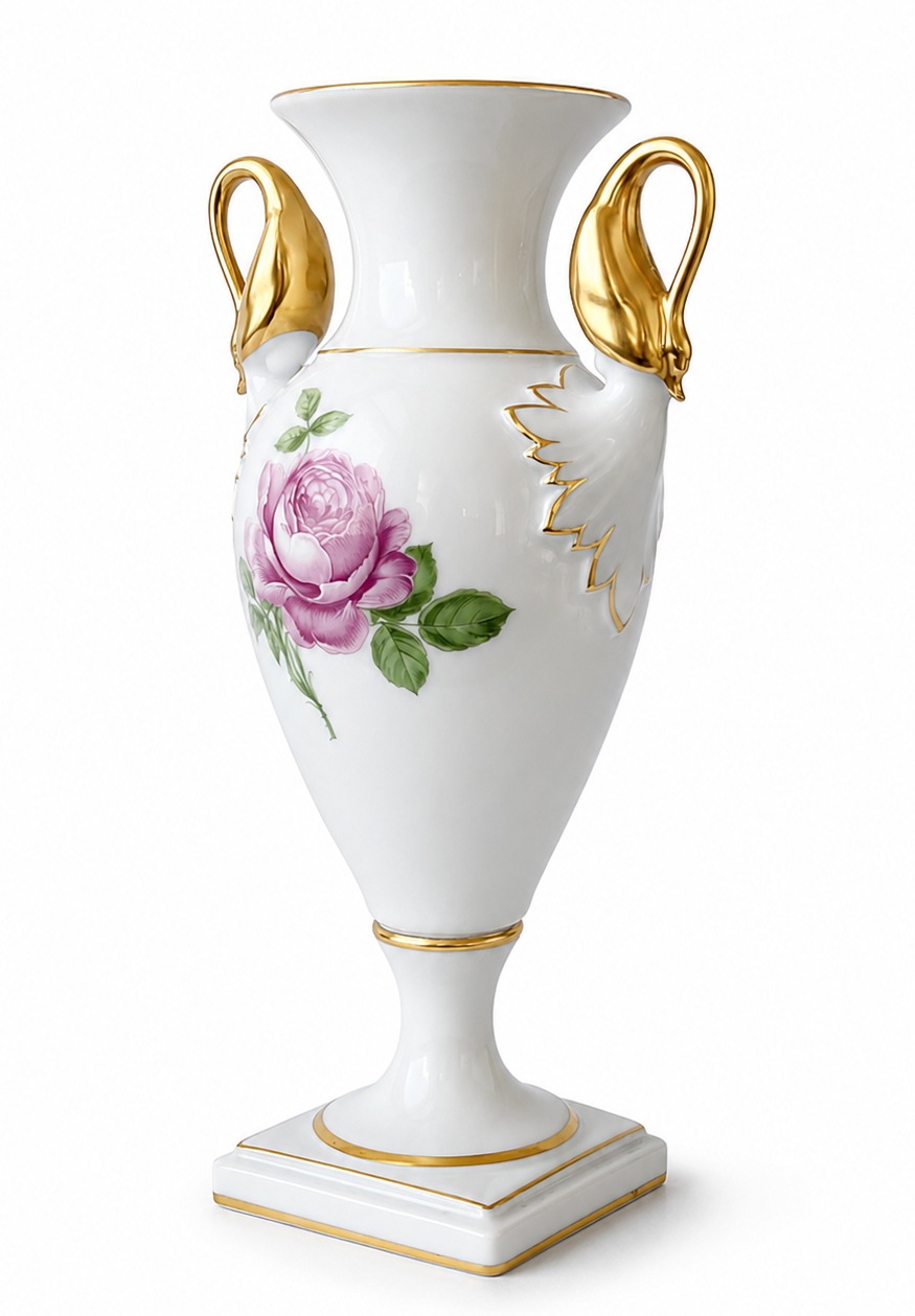AK Kaiser Amphora Vase, Moss Rose Porcelain Swan Handle Vase, 24K Gold, West Germany