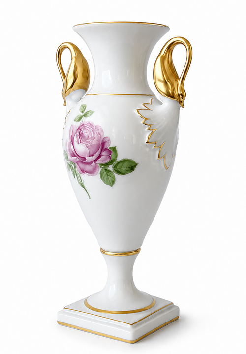 AK Kaiser Amphora Vase, Moss Rose Porcelain Swan Handle Vase, 24K Gold, West Germany