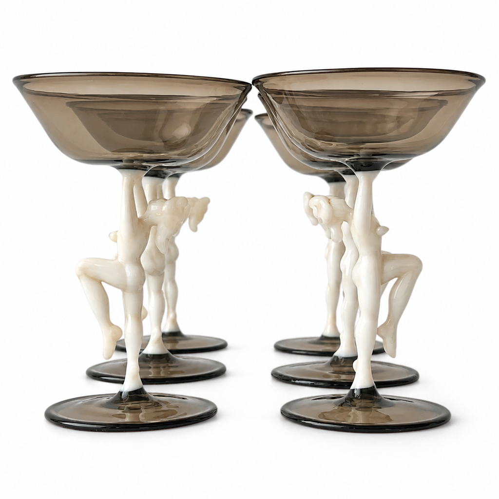 Art Deco Smoky Glass Cordial Set, Attributed Bimini Decanter And Six Figural Stem Glasses, Fritz Lampl, 1920s
