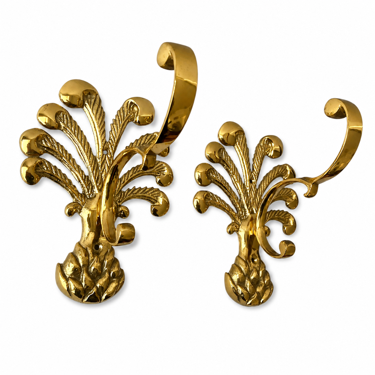 Vintage Set of Two Brass Pineapple Wall Hooks: Ornate Palm Design, Gold Finish