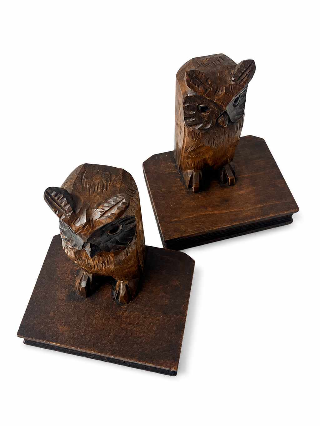 Vintage Hand-Carved Owl Bookends, 1960s–1970s Wooden Bookends