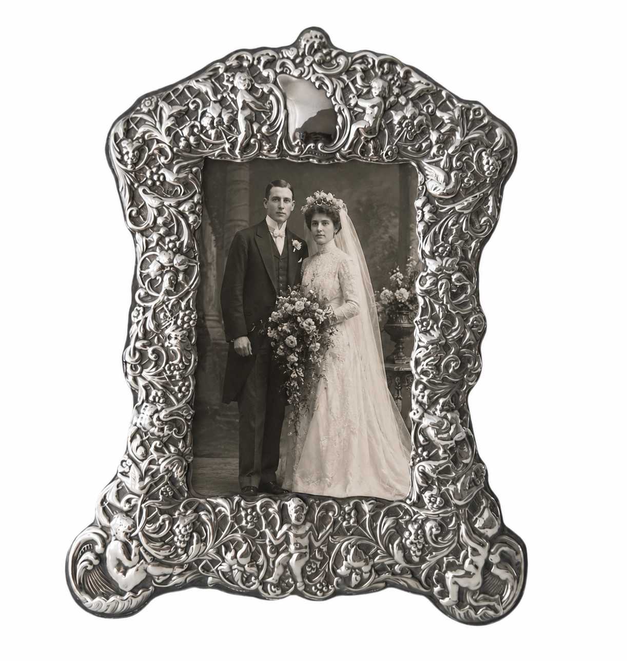 Ray Hall Sterling Wedding Photo Frame, Birmingham 1999, Cherub Floral Design