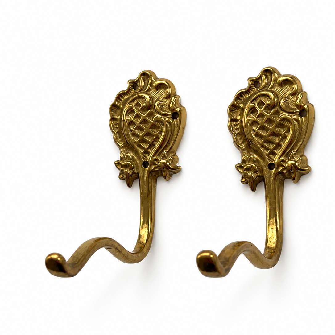 Pair Ornate Brass Wall Hooks, Vintage German Coat Hat Hangers