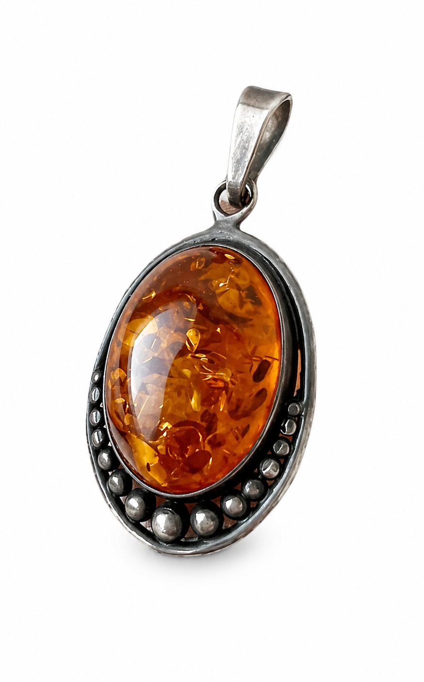 Vintage Baltic Amber Sterling Silver Pendant, 925 Beaded Oval Cabochon