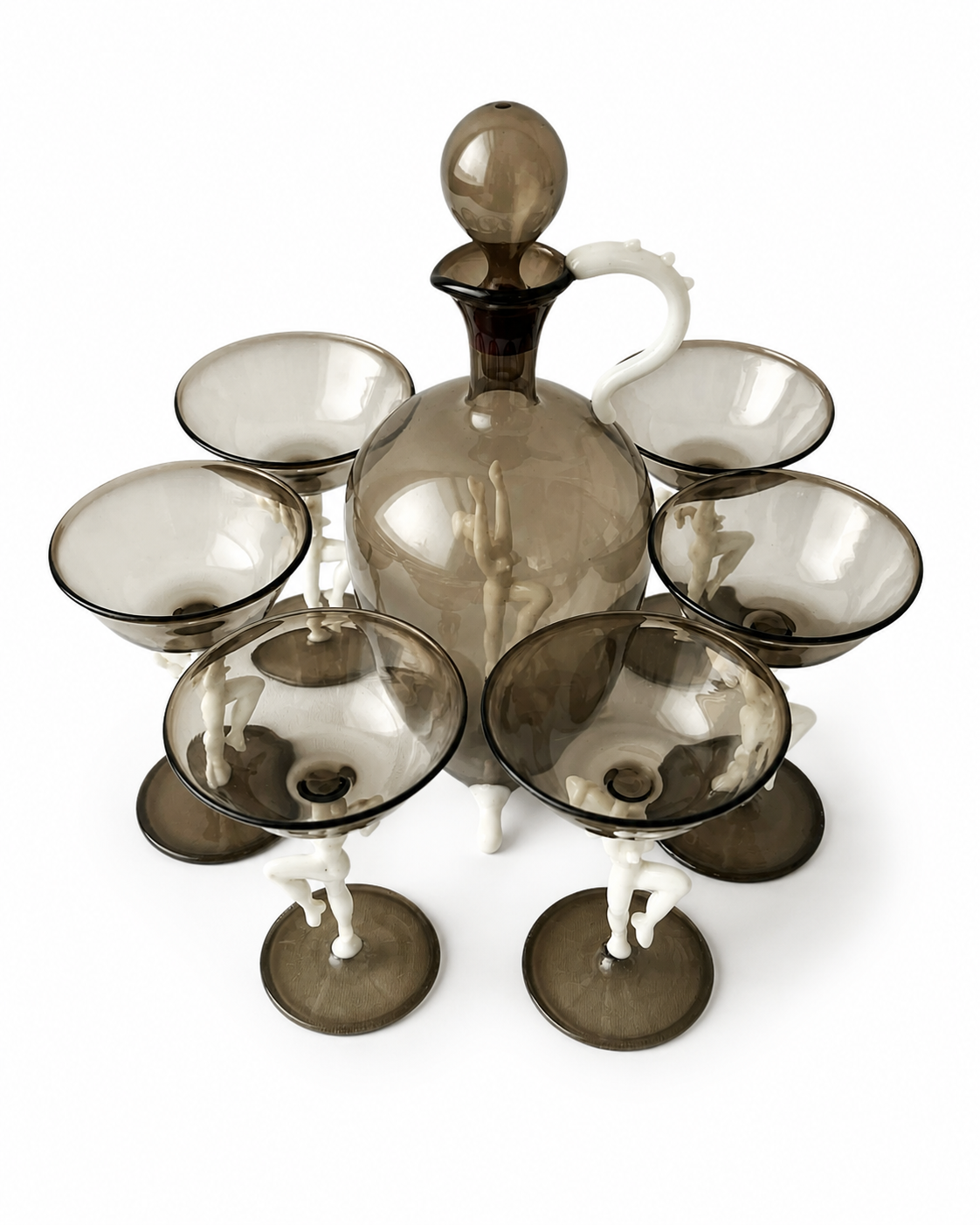 Art Deco Smoky Glass Cordial Set, Attributed Bimini Decanter And Six Figural Stem Glasses, Fritz Lampl, 1920s