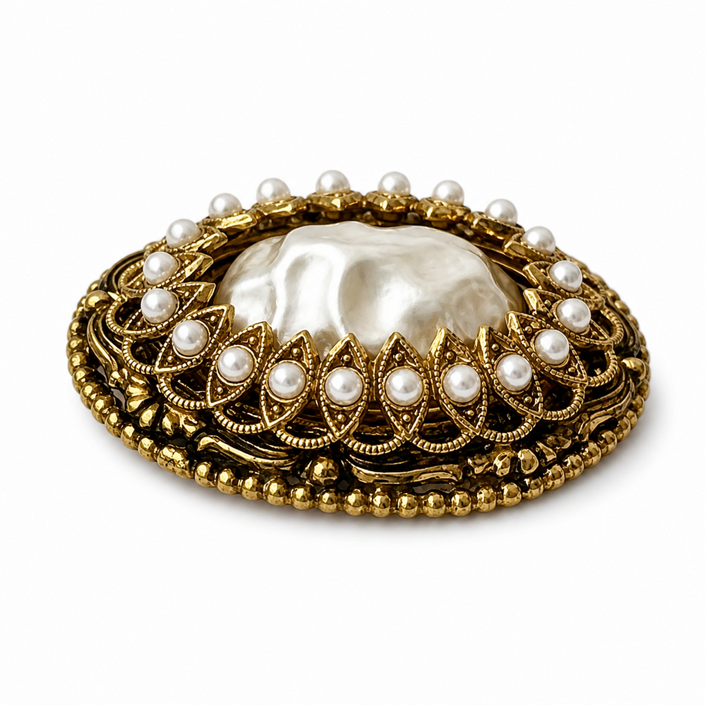 Vintage Miriam Haskell Style Faux Pearl Brooch, Gold Tone Filigree Pin