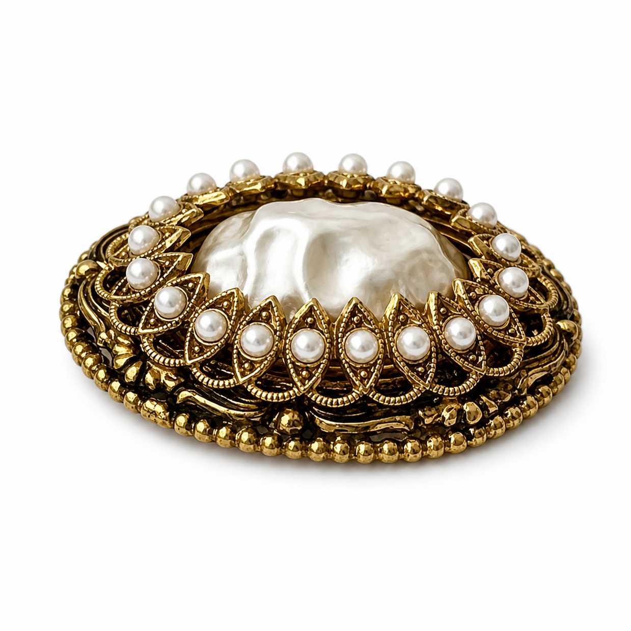 Vintage Miriam Haskell Style Faux Pearl Brooch, Gold Tone Filigree Pin