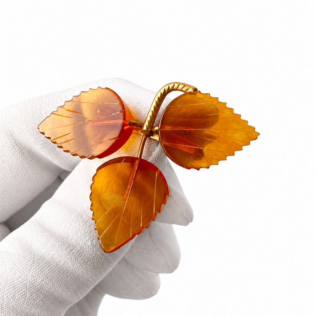 Vintage Baltic Amber Leaves Brooch - Gold Plated Brass Frame, USSR 1980s