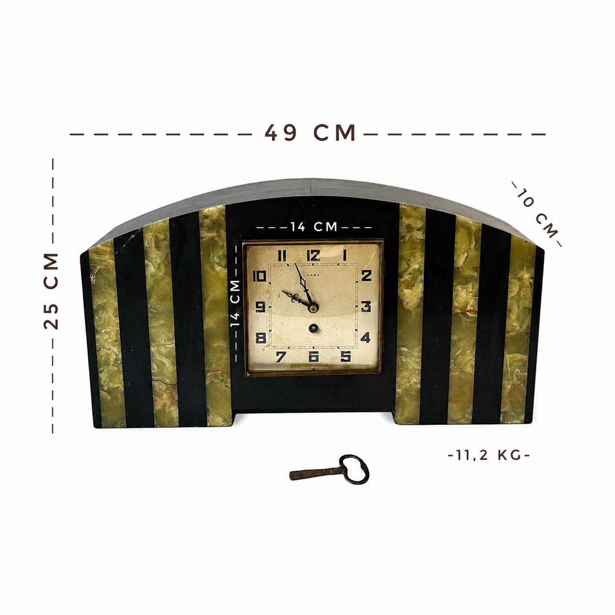 French Art Deco UCRA Marble Onyx Mantel Clock With Side Garnitures, 1920s 1930s