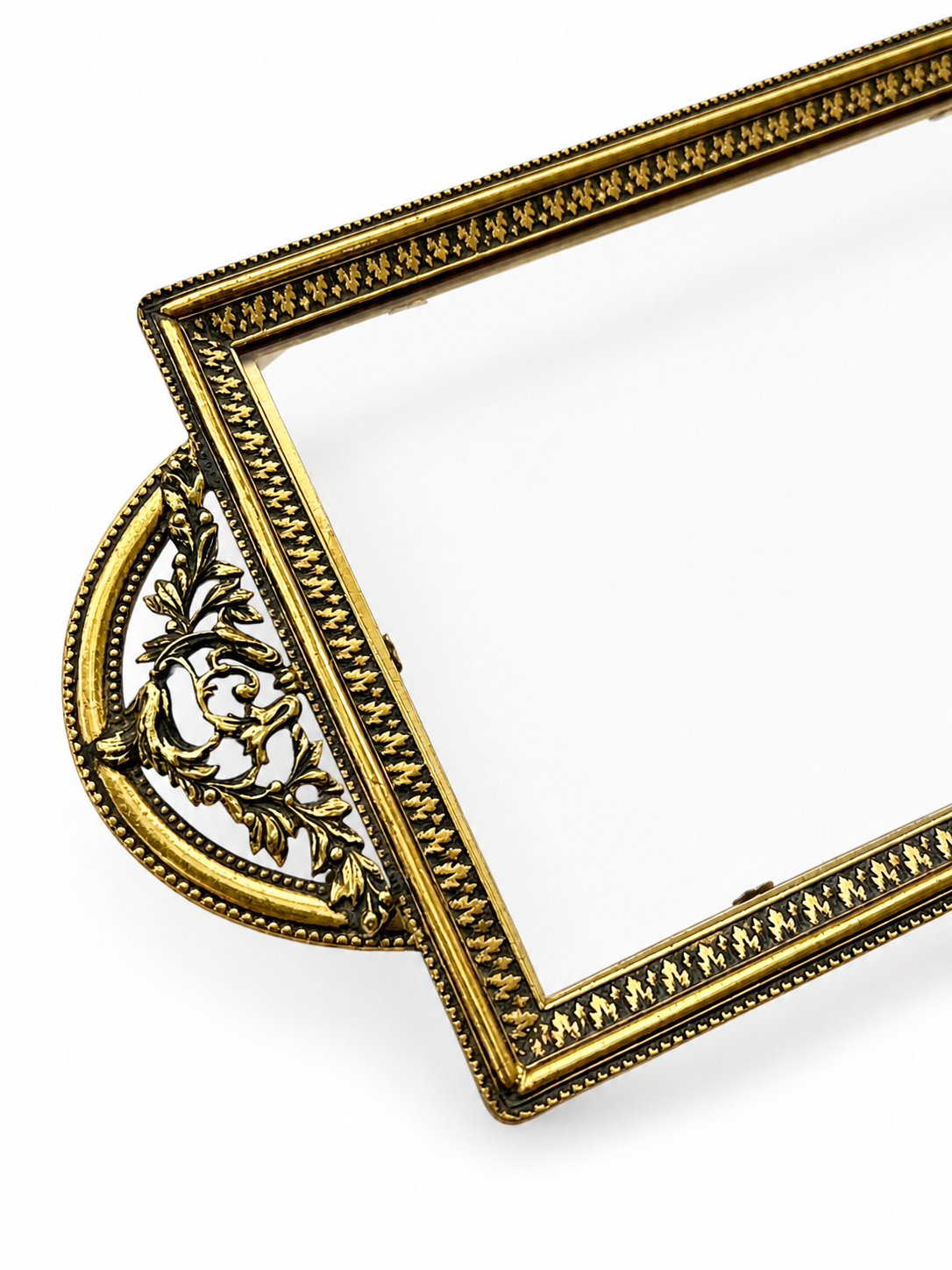 Vintage Brass Vanity Set With Glass Tray And Round Beveled Dressing Table Mirror