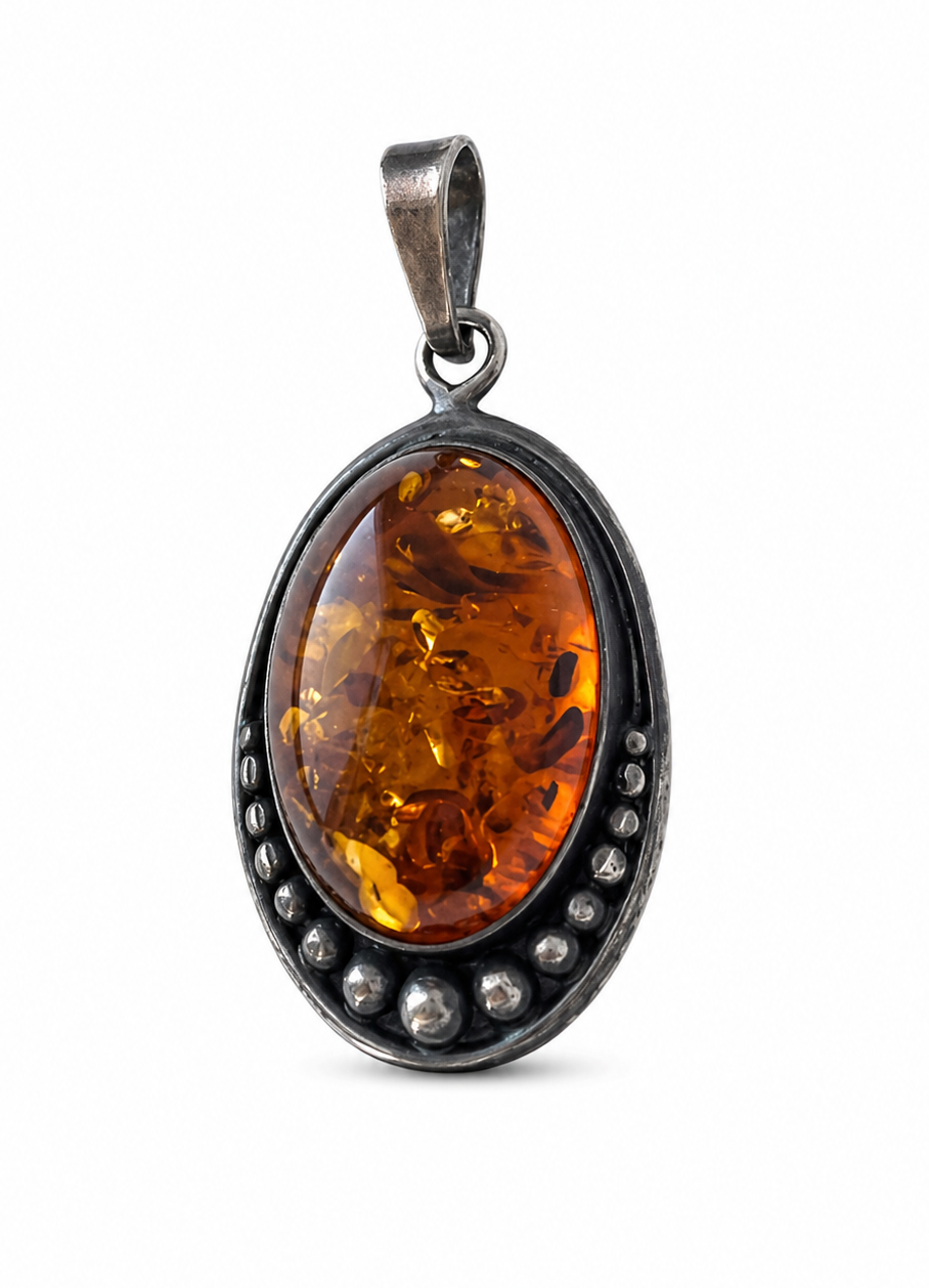 Vintage Baltic Amber Sterling Silver Pendant, 925 Beaded Oval Cabochon