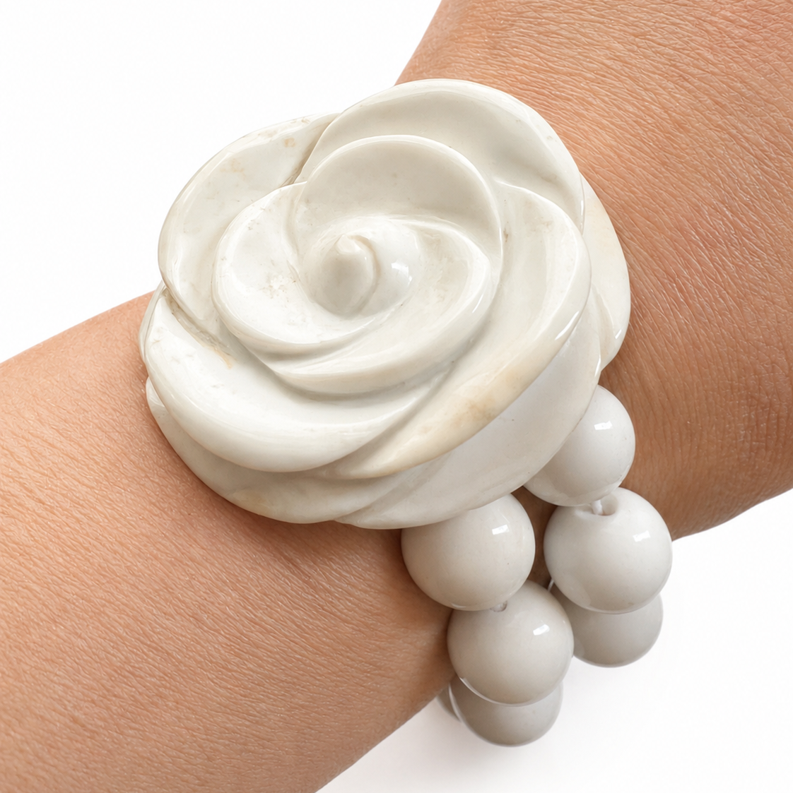 Vintage Hand Carved White Agate Flower Bracelet, Heavy Statement Bead Bracelet