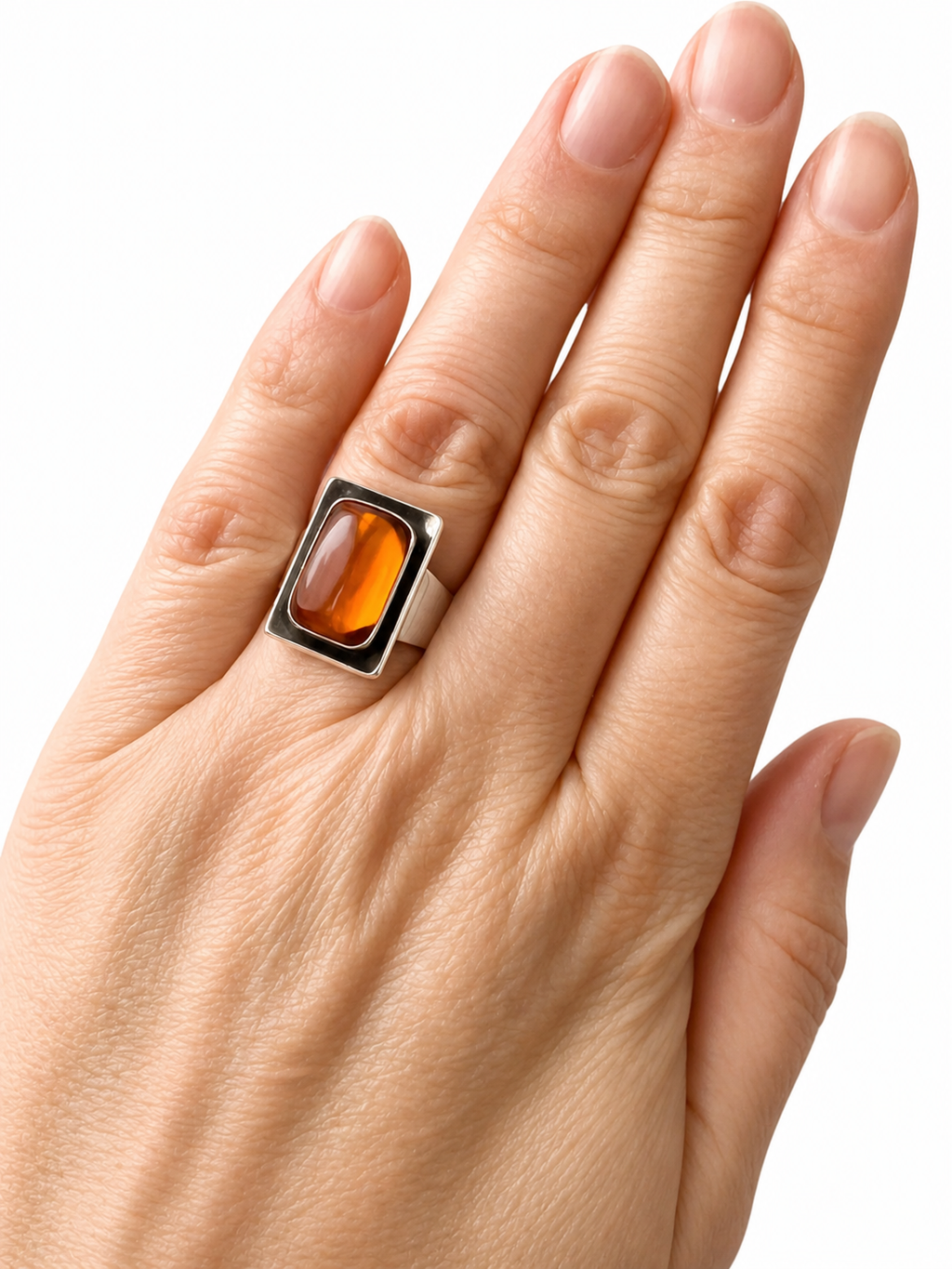 Vintage Baltic Amber Ring, Sterling Silver, Danish Modernist, Niels Erik From. UK size: M