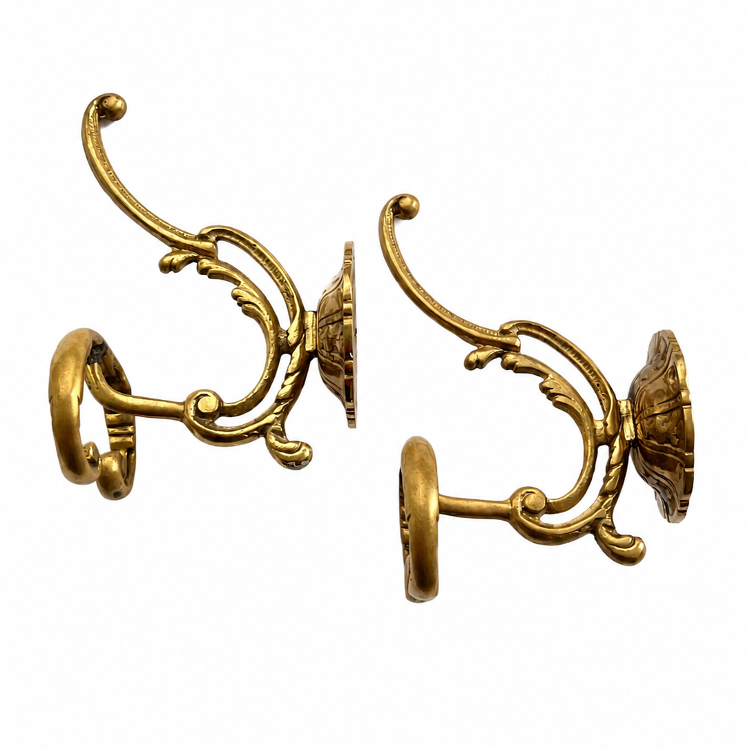 Pair Large Ornate Brass Wall Hooks, Vintage Coat Hat Towel Hangers