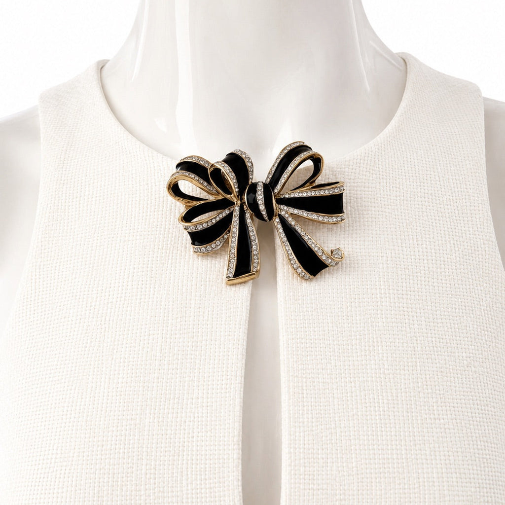 Vintage L’OFFICIEL Italy Black Enamel Bow Brooch Gold Tone Crystal Pin