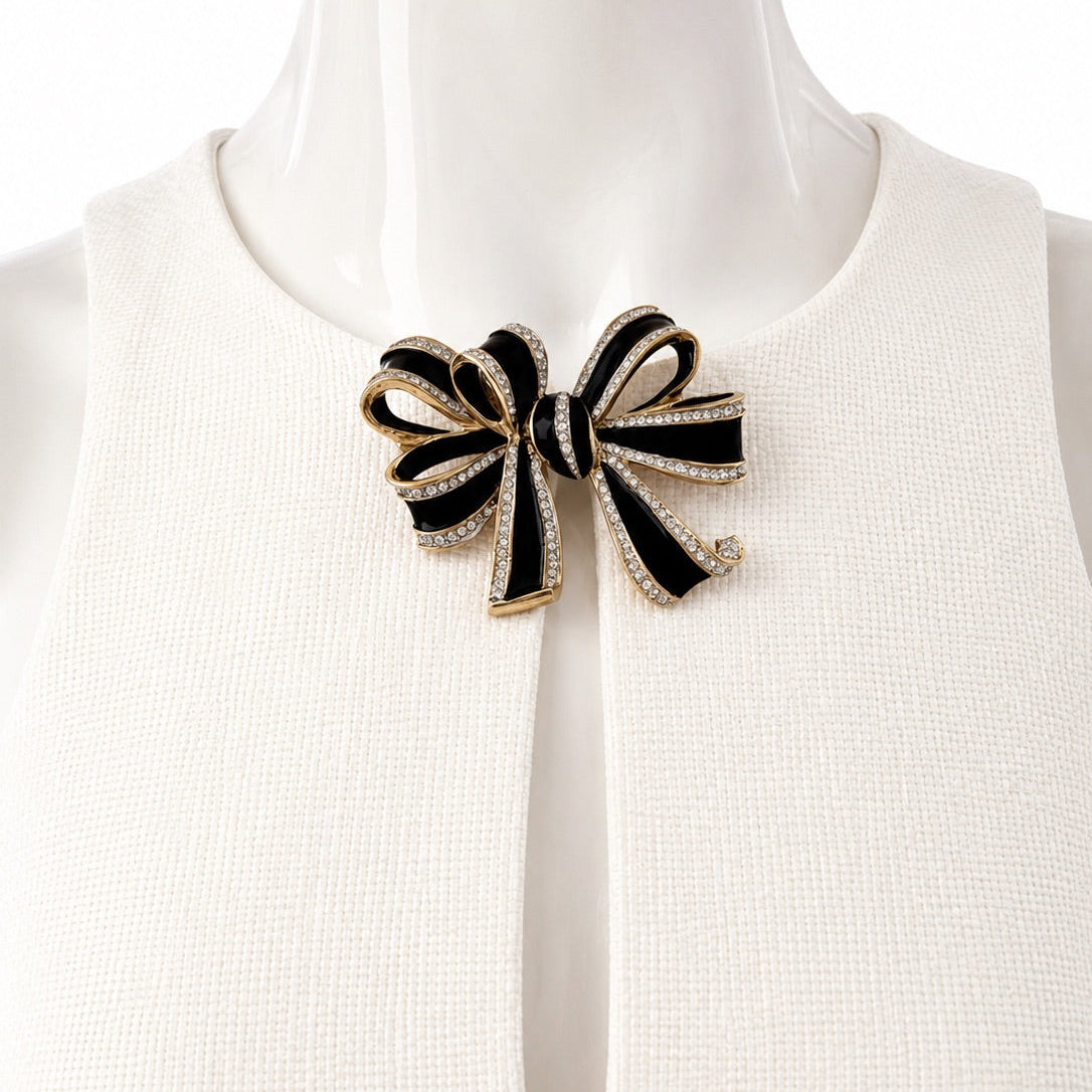 Vintage L’OFFICIEL Italy Black Enamel Bow Brooch Gold Tone Crystal Pin