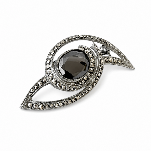 Antique Art Deco 800 Silver Marcasite Hematite Eye Brooch