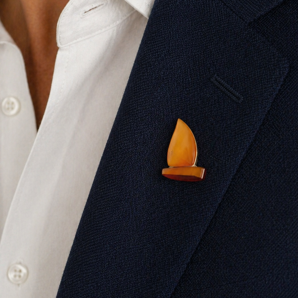 Vintage Sailboat Brooch, Baltic Amber Gold Plated. Kaliningrad Amber Combine, USSR, 1960s.