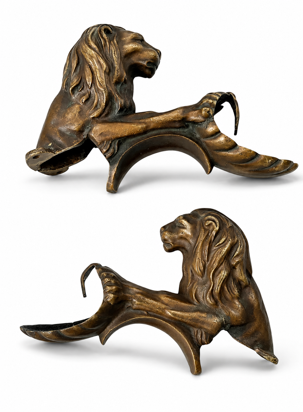 Antique Bronze Lion Armrest Mounts, Pair, 19th Century Empire Revival Furniture Fittings