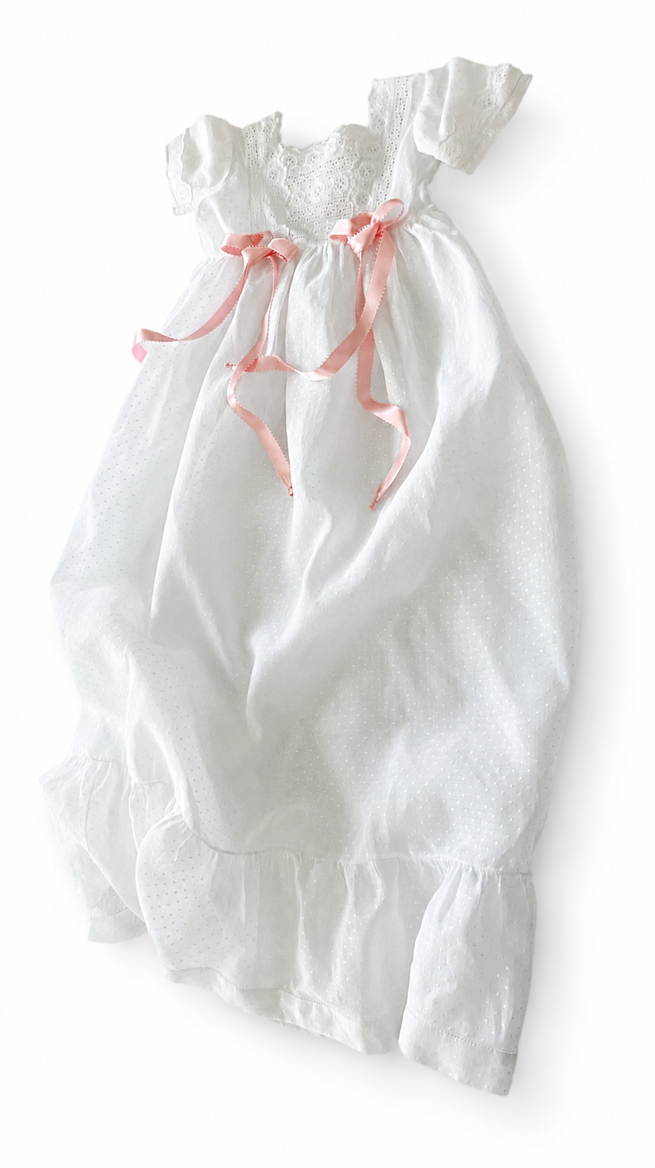 Vintage Eminence Paris Christening Gown, French White Batiste Lace Baby Dress With Pink Ribbons
