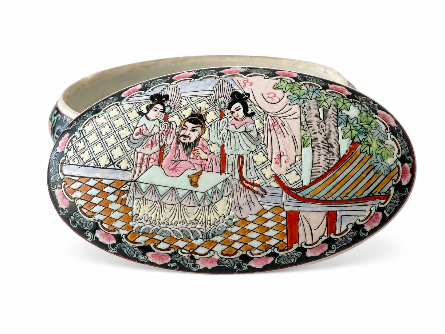 Large Vintage Chinese Porcelain Lidded Box, Hand Painted Famille Rose Court Scene, Marked Base, Jewelry Trinket Box