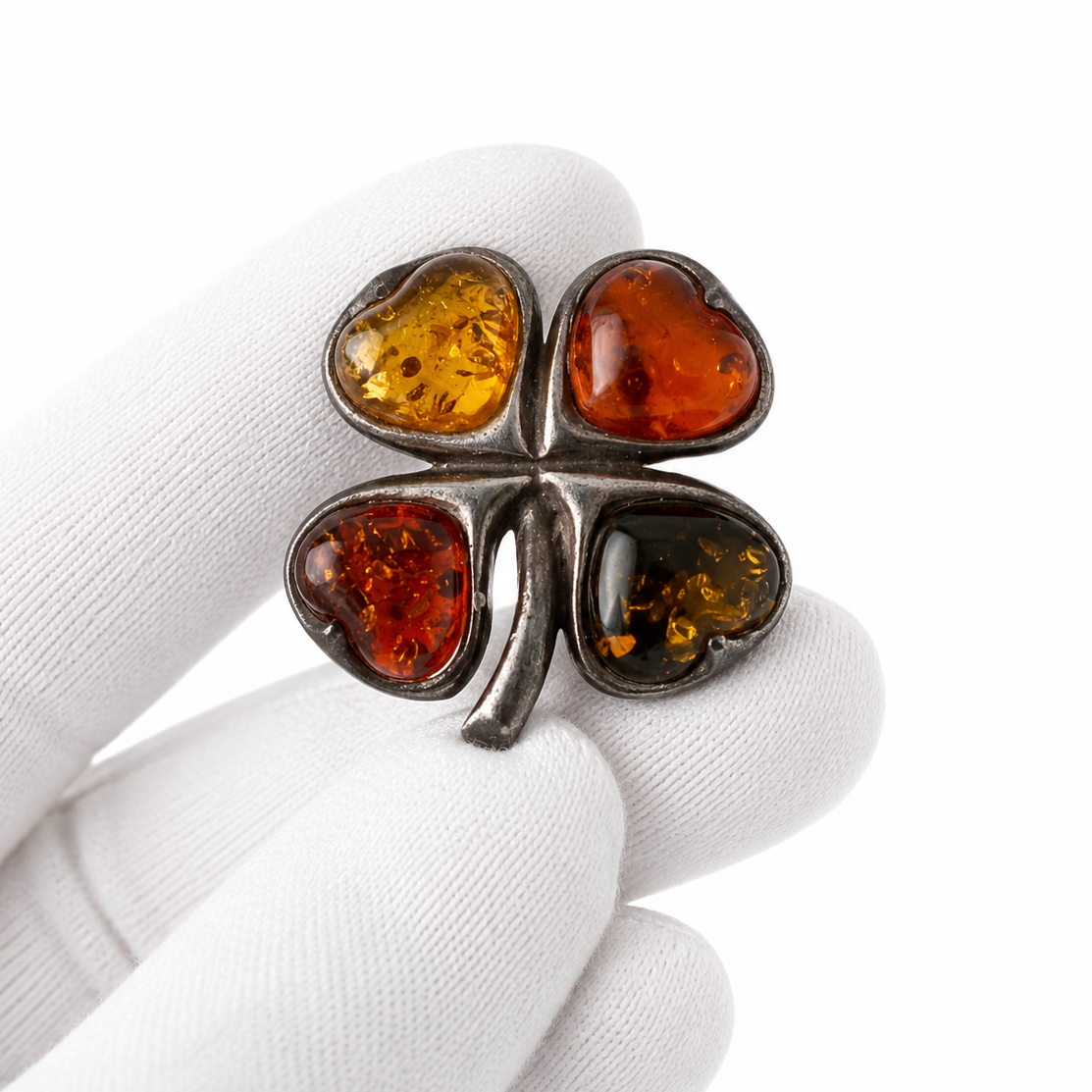Vintage Baltic Amber Four-Leaf Clover Brooch. Good Luck Charm in Sterling Silver
