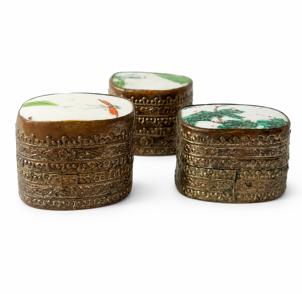 Vintage Chinese Porcelain Shard Boxes, Set of 3 Silver Tone Metal Trinket Boxes