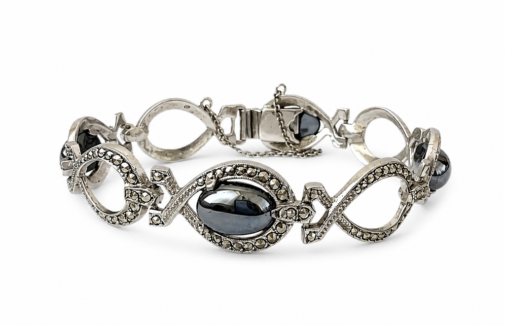 Art Deco 800 Silver Marcasite Hematite Bracelet, 1920s Filigree Jewellery