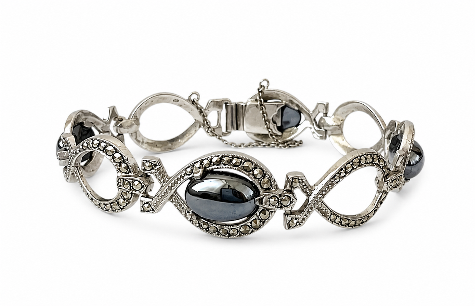 Art Deco 800 Silver Marcasite Hematite Bracelet, 1920s Filigree Jewellery