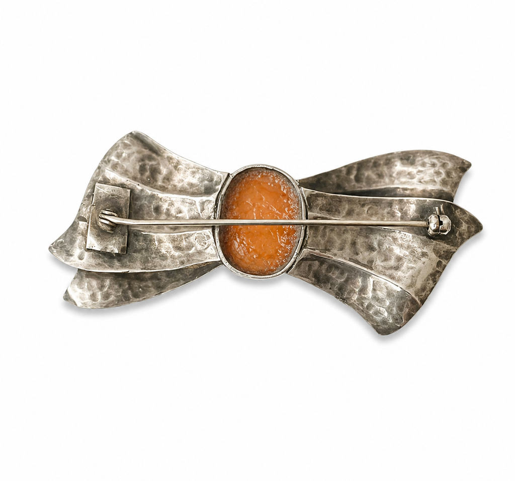 Vintage Silver Bow Brooch Baltic Amber Cabochon
