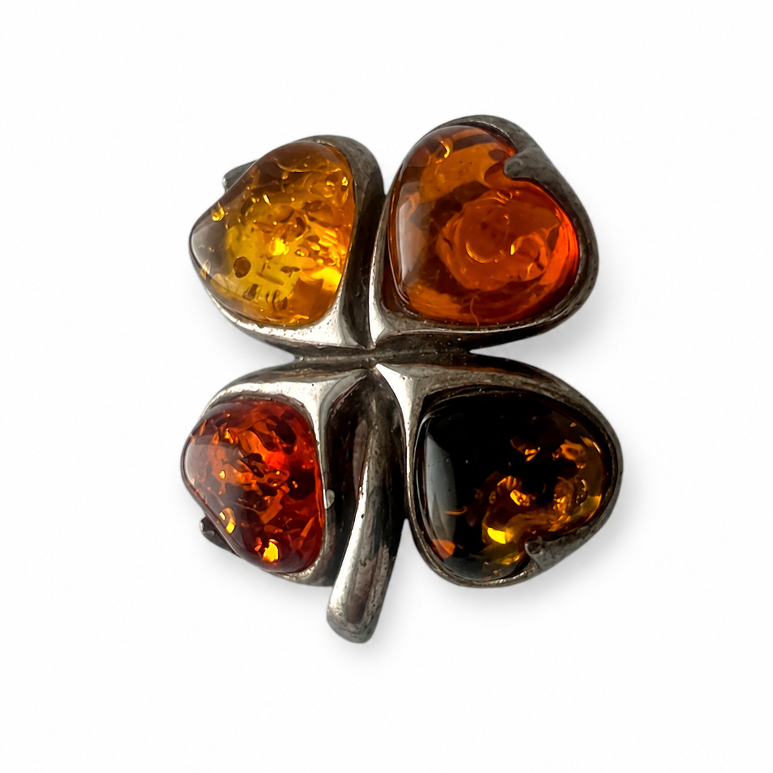 Vintage Baltic Amber Four-Leaf Clover Brooch. Good Luck Charm in Sterling Silver