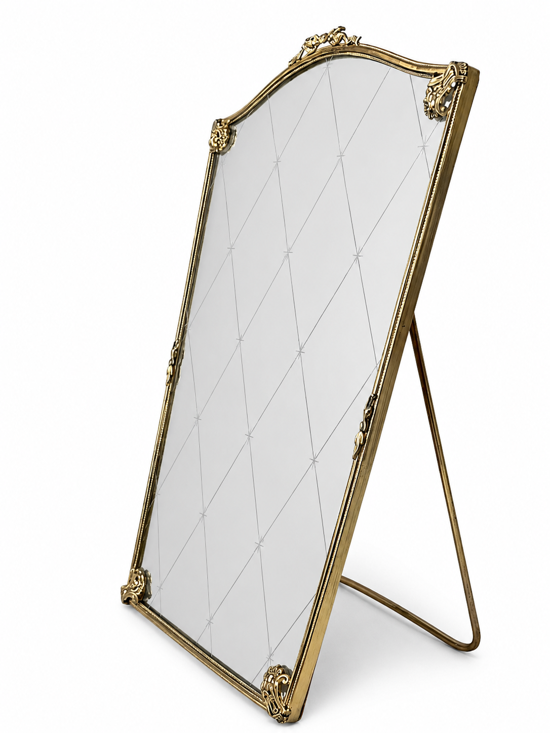 Vintage Bronze Vanity Wall Mirror With Ribbon Frame And Diamond Cut Glass