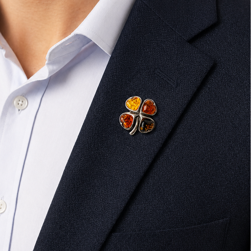 Vintage Baltic Amber Four-Leaf Clover Brooch. Good Luck Charm in Sterling Silver