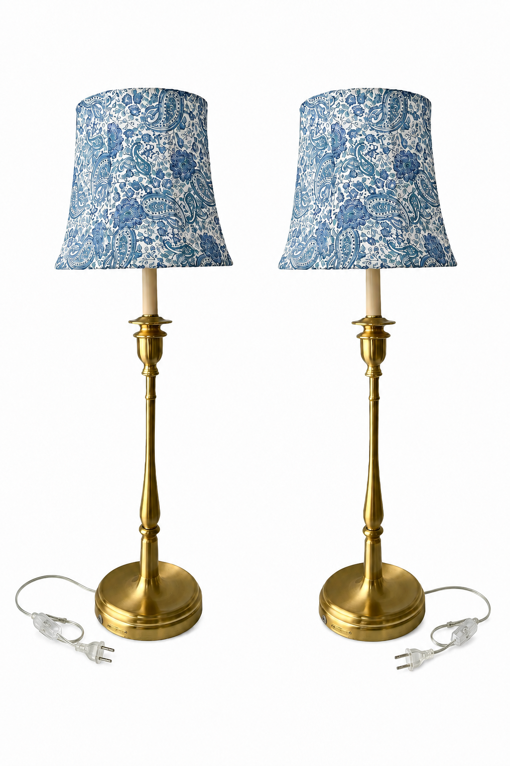 Pair Lauren Ralph Lauren Brass Table Lamps With Blue Paisley Fabric Shades