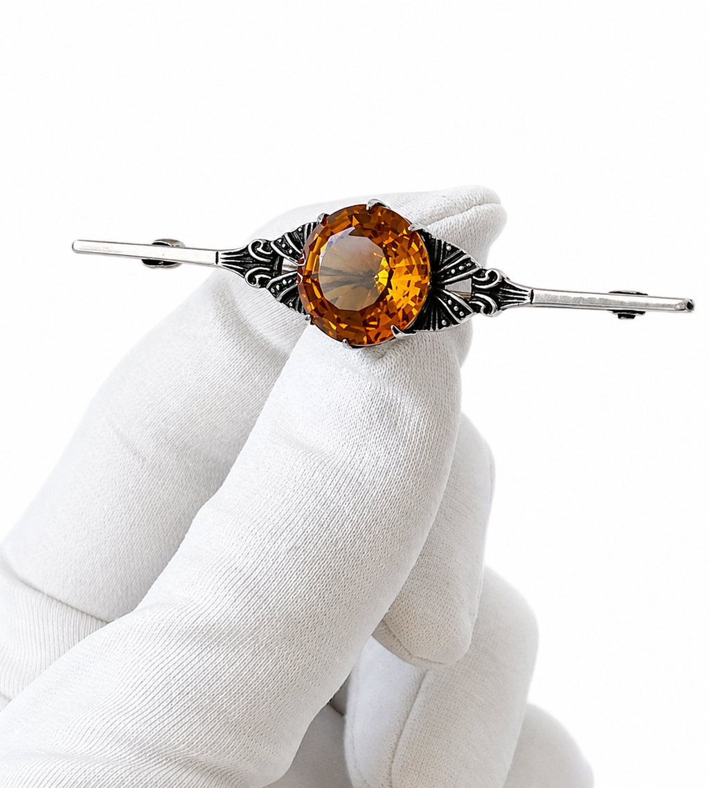 Art Deco Bar Brooch Orange Stone Silver Filigree 1920s Vintage Pin
