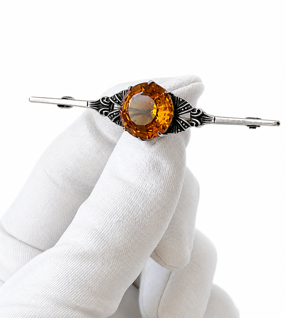 Art Deco Bar Brooch Orange Stone Silver Filigree 1920s Vintage Pin