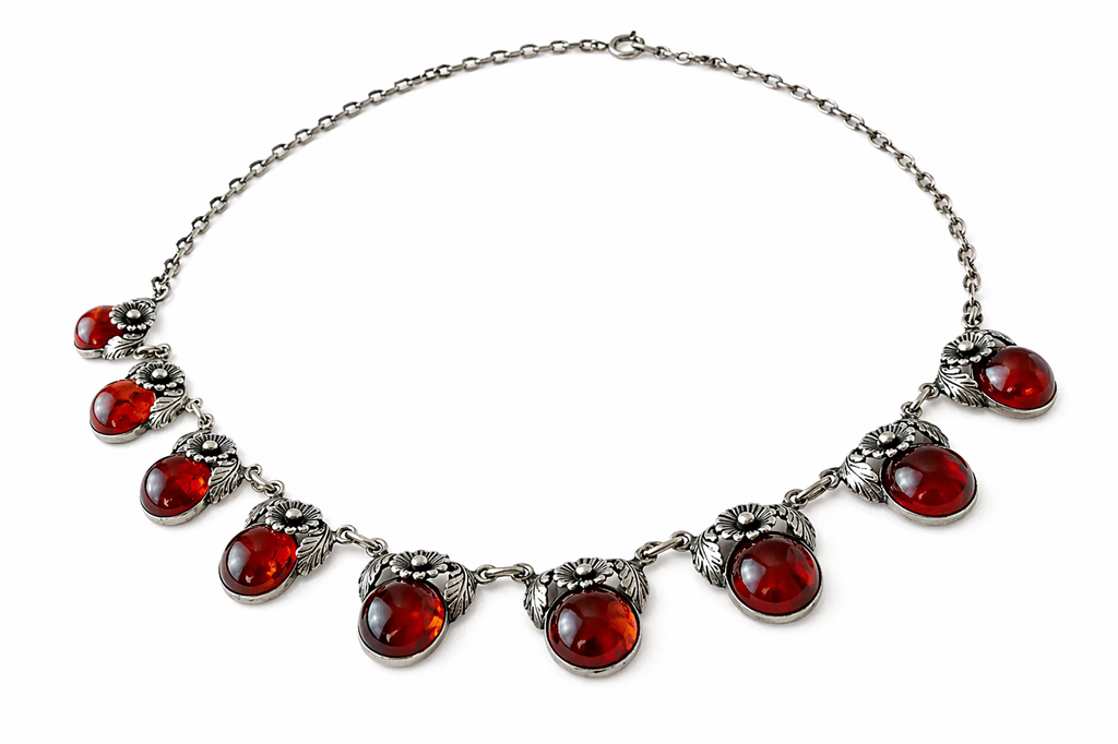 Vintage Baltic Amber Necklace, Daisy Design, Sterling Silver, Danish Modernist, Niels Erik From