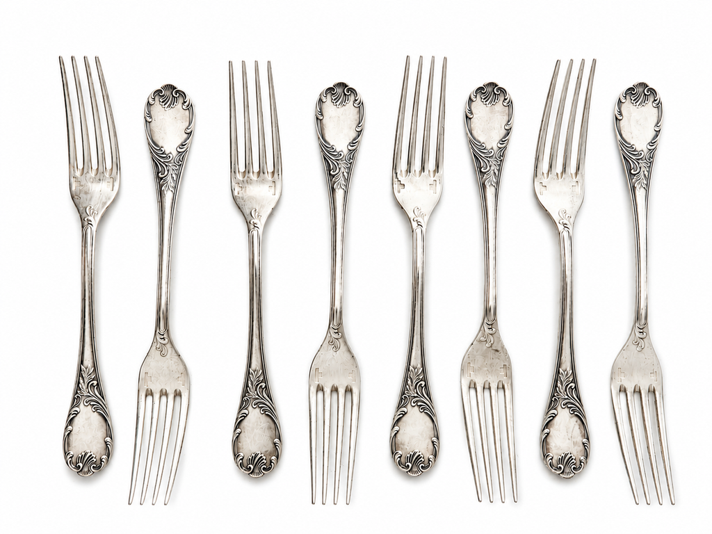 Vintage Set of 8 Christofle Marly Silver Plated Dessert Forks, French 17 cm Cutlery