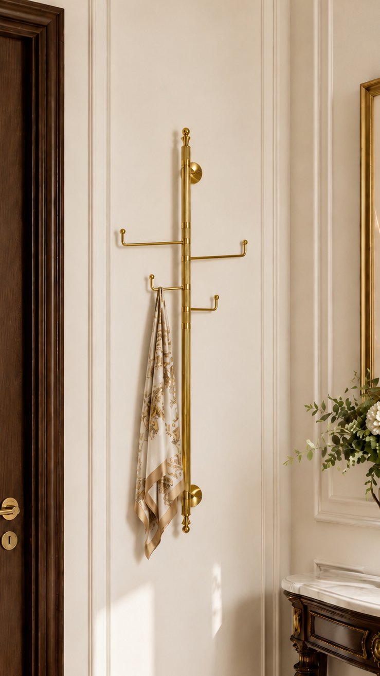 Vintage German Polished Brass Wall Mounted Coat Rack, Mid Century Entryway Hook Rail
