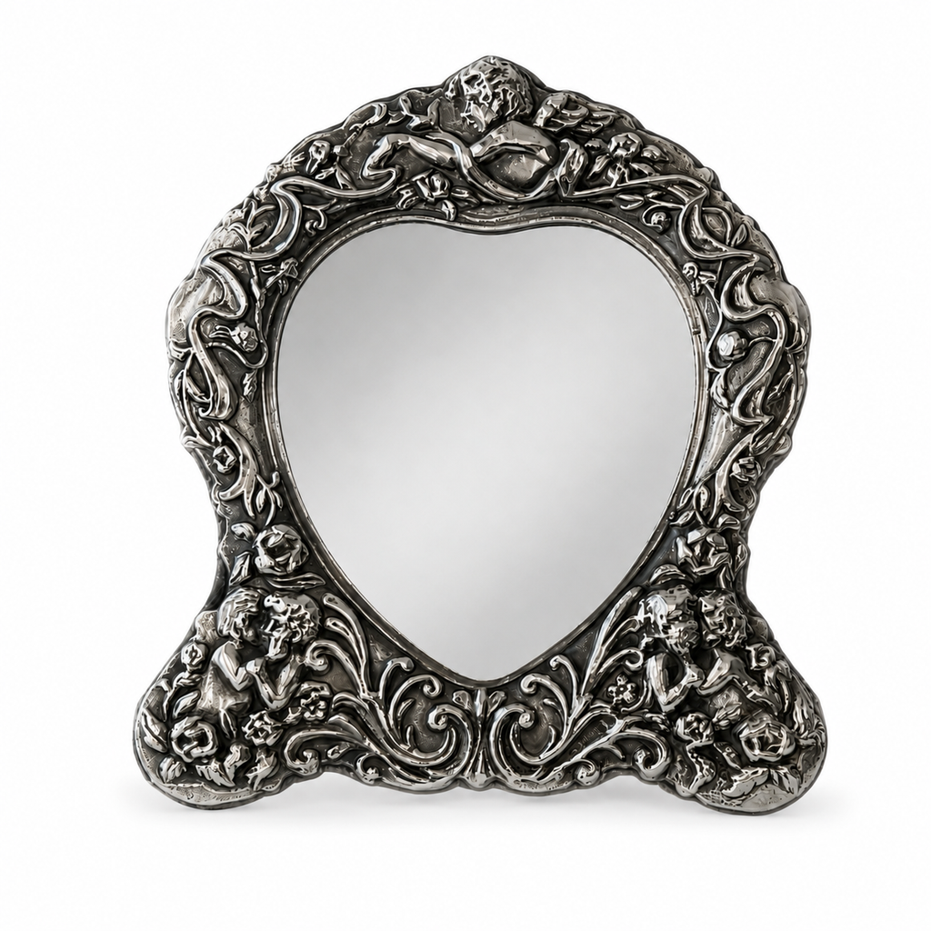 Vintage Carr’s Sheffield Sterling Silver Cherub Heart Table Mirror