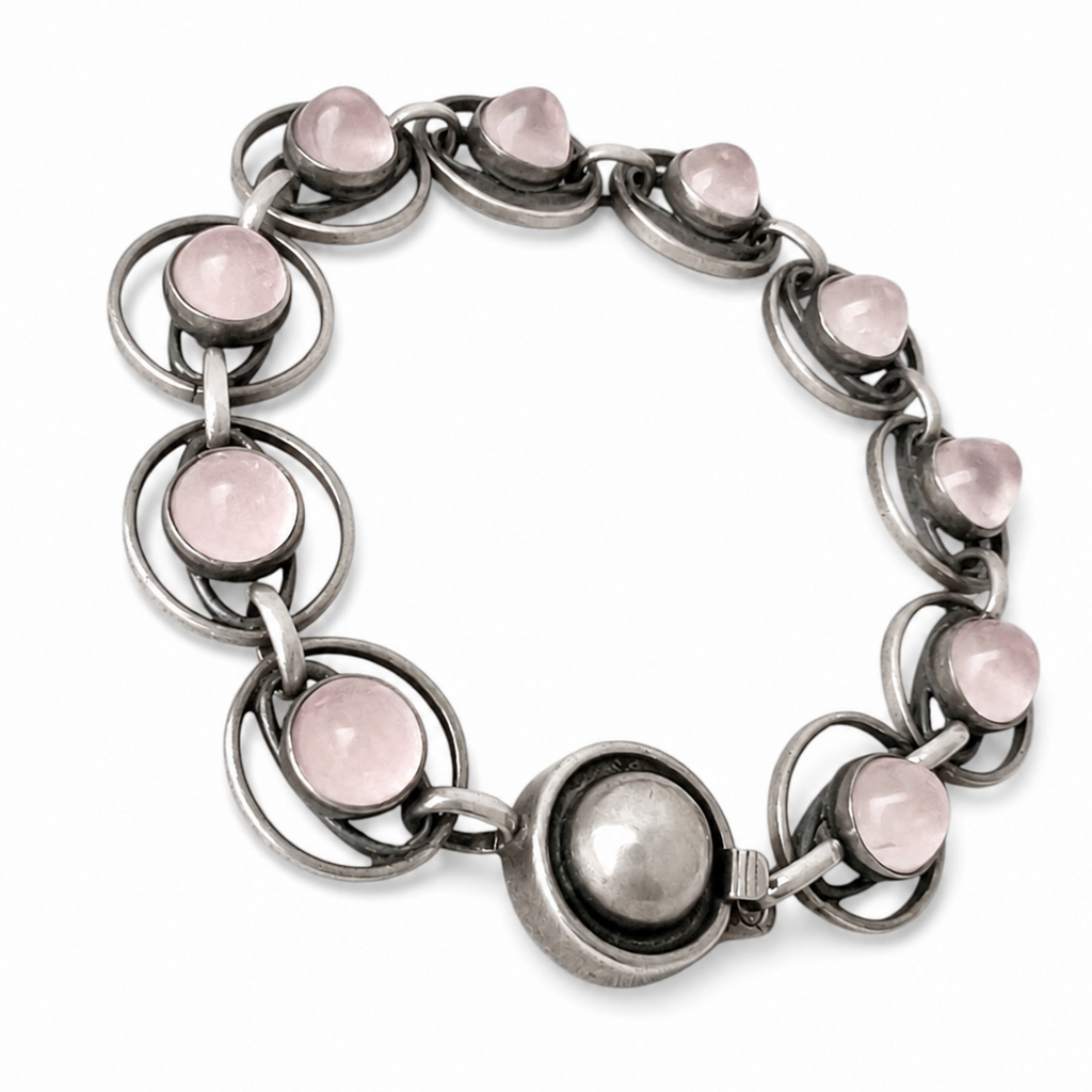 Vintage Danish 835 Silver Rose Quartz Bracelet, 1970s Scandinavian Modernist Link Bracelet
