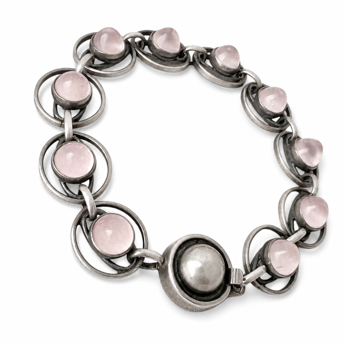 Vintage Danish 835 Silver Rose Quartz Bracelet, 1970s Scandinavian Modernist Link Bracelet