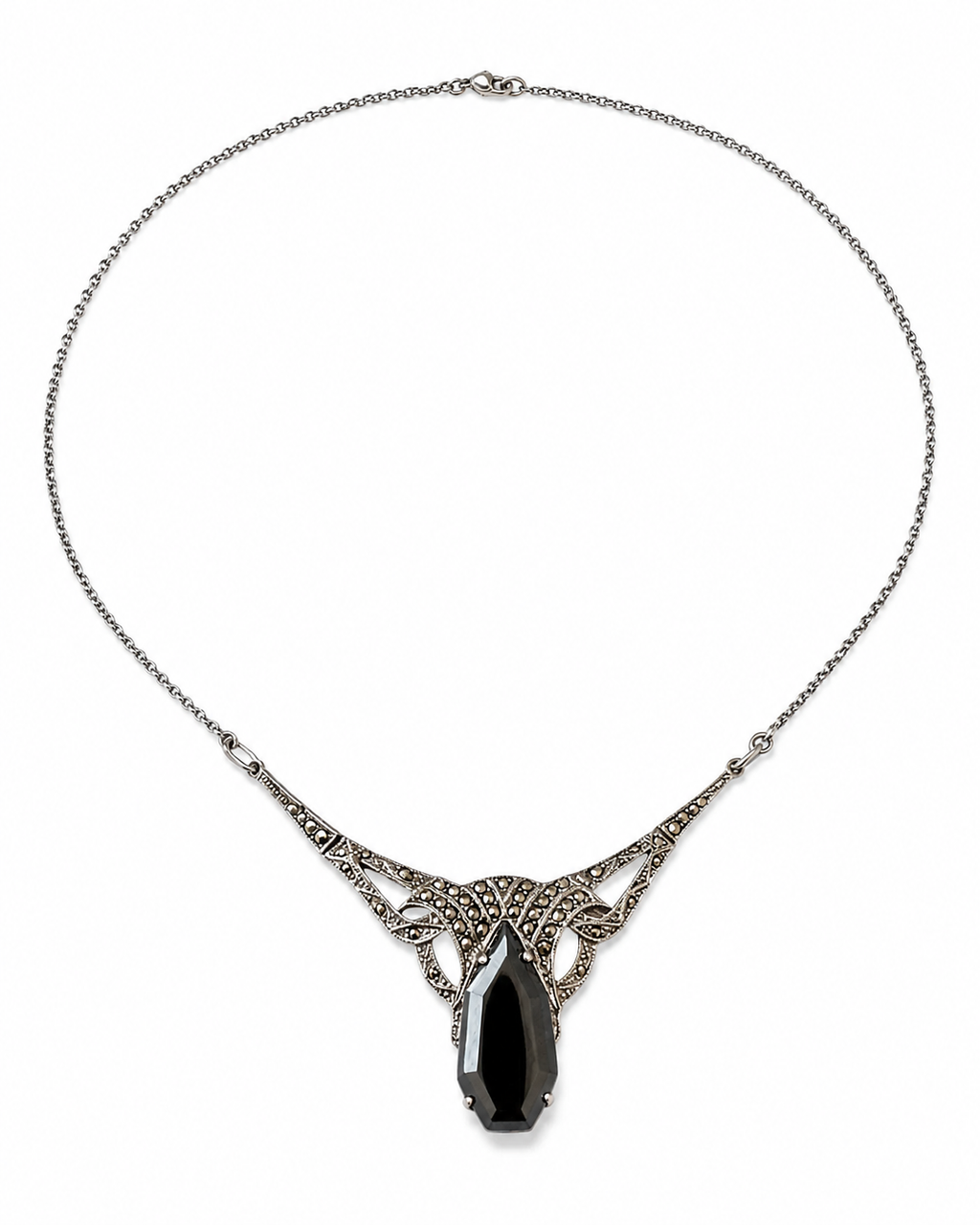 Antique Art Deco 800 Silver Marcasite Hematite Necklace 1920s