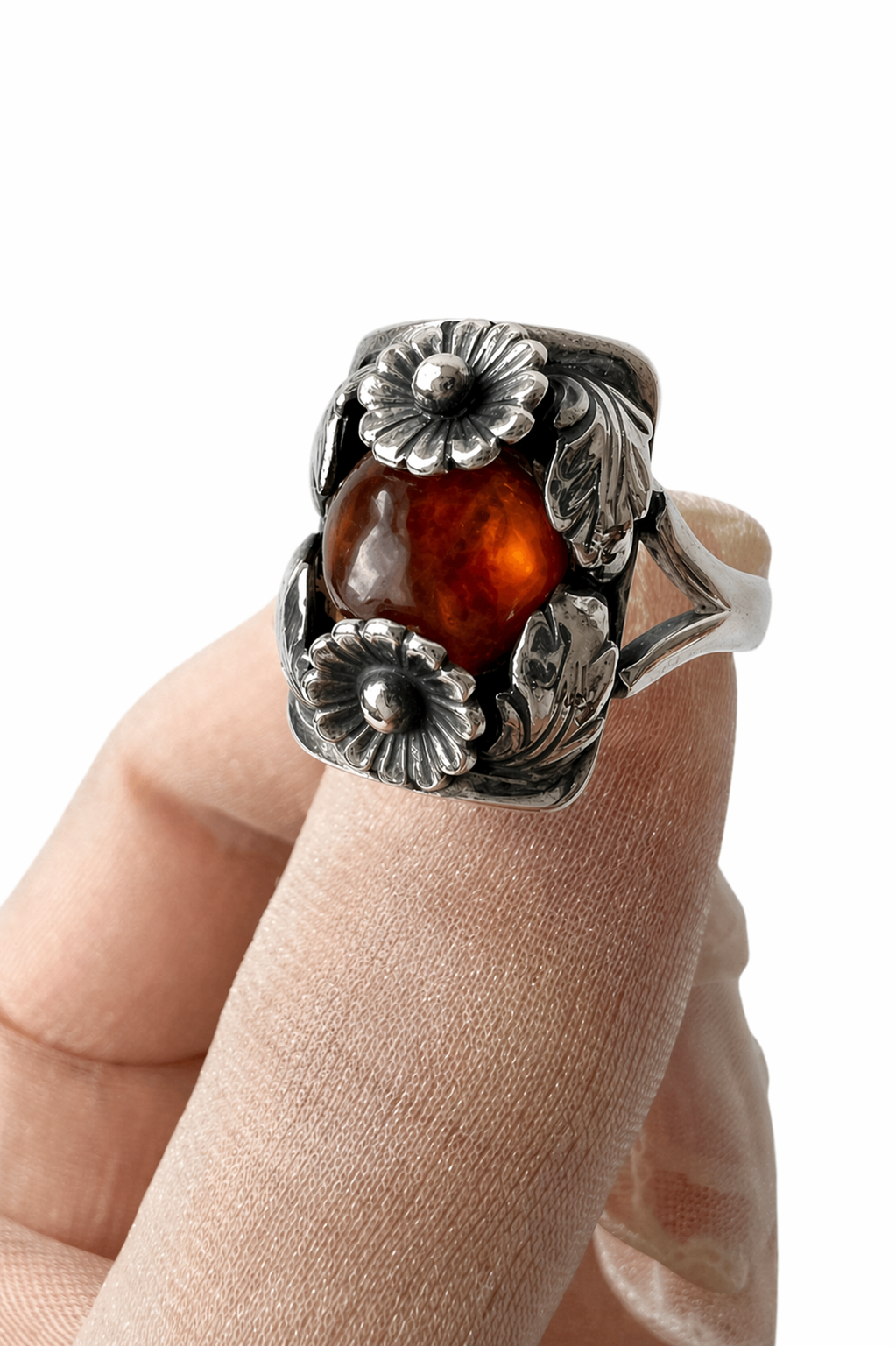Vintage Baltic Amber Ring, Daisy Design, Sterling Silver, Danish Modernist, Niels Erik From. UK size: P 1/2