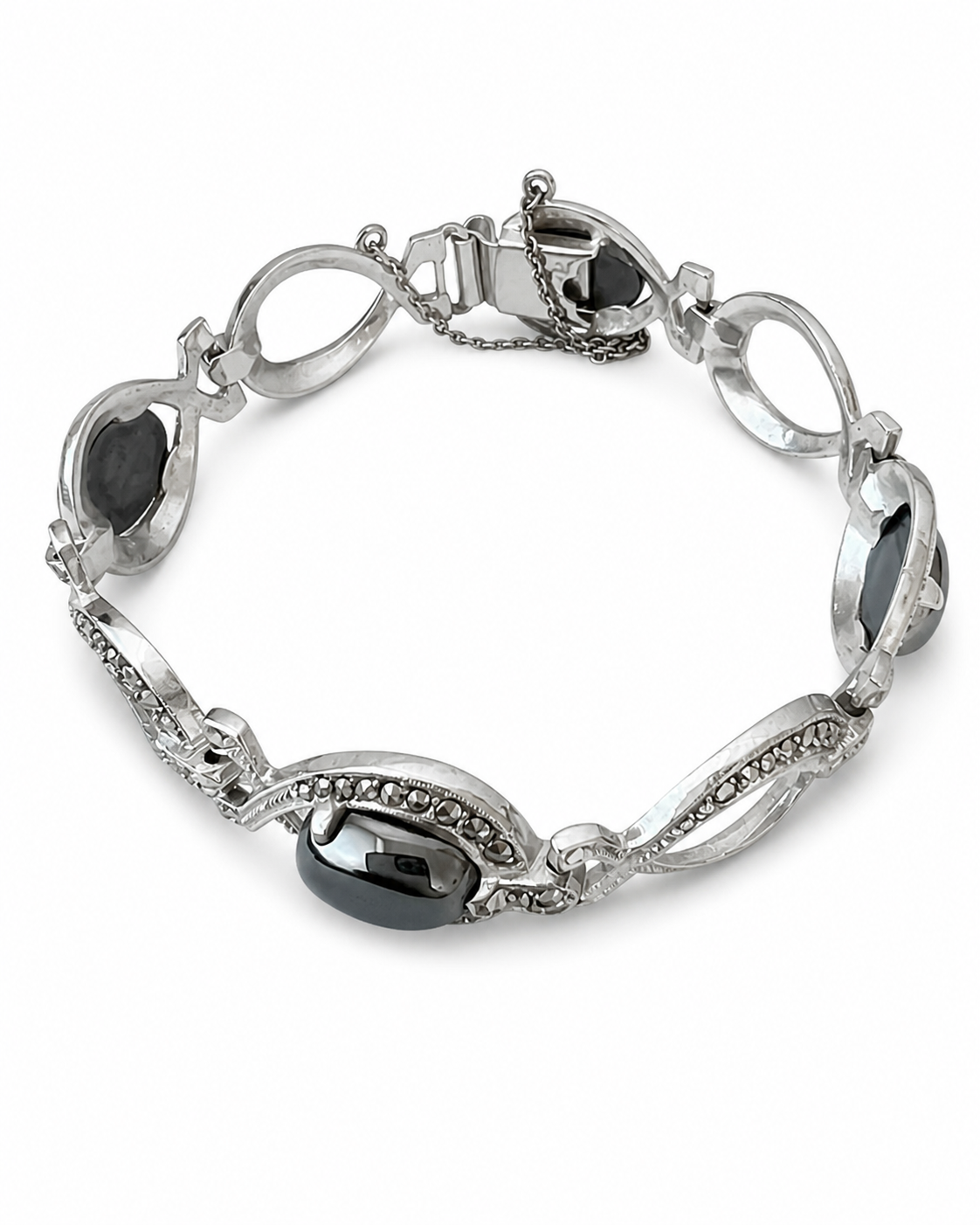 Art Deco 800 Silver Marcasite Hematite Bracelet, 1920s Filigree Jewellery