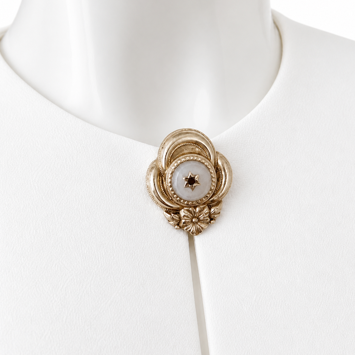 Antique Biedermeier Brooch.  Gold-Foiled Floral Pin with Star-Set Stone.