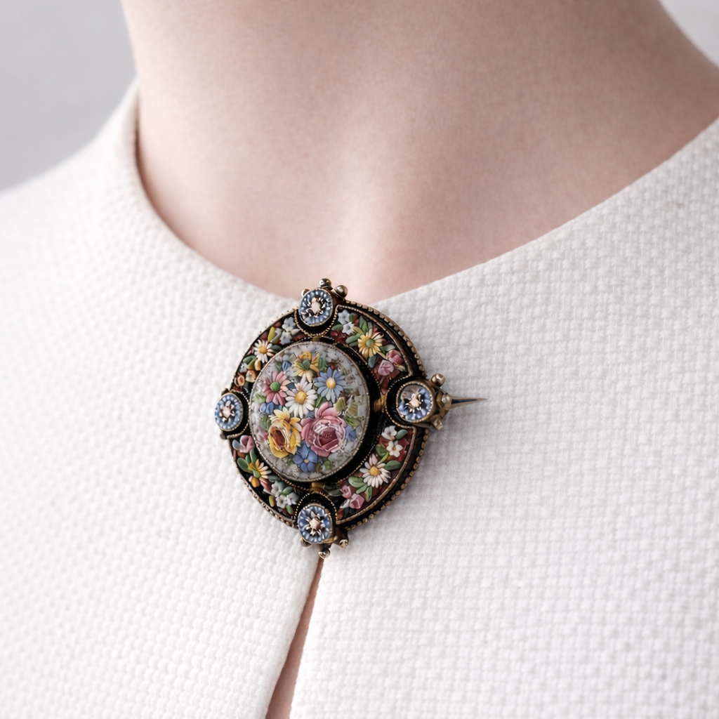Antique Brooch Florentine Micro Mosaic  – Circa 1900, Intricate Handcrafted Floral Design, Italian Grand Tour Jewelry