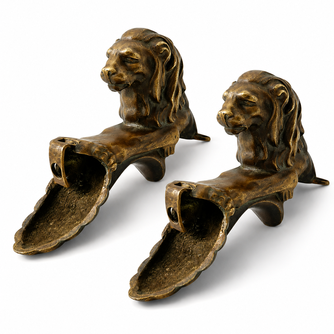 Antique Bronze Lion Armrest Mounts, Pair, 19th Century Empire Revival Furniture Fittings
