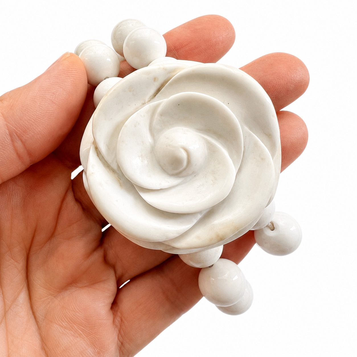 Vintage Hand Carved White Agate Flower Bracelet, Heavy Statement Bead Bracelet