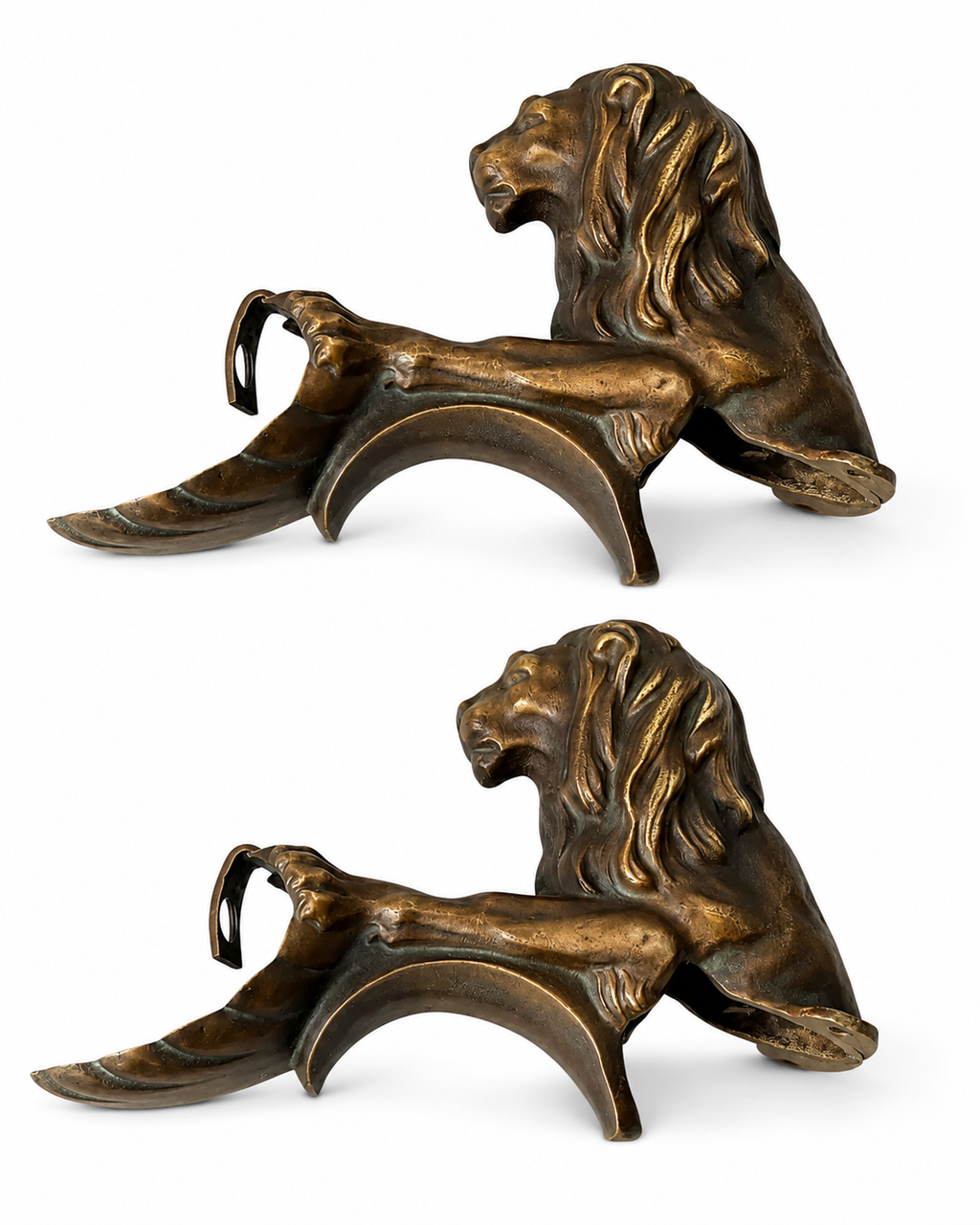 Antique Bronze Lion Armrest Mounts, Pair, 19th Century Empire Revival Furniture Fittings